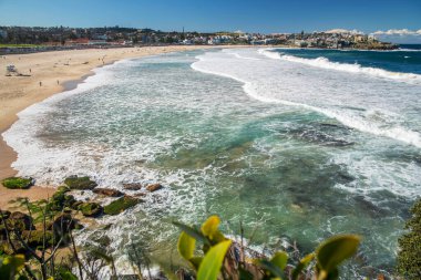 Sydney 'deki altın renkli kumlu kumlu plaj. Bondi plajı sörfçüler için mükemmel bir yer çünkü sürekli yükselen yüksek dalgalar var..