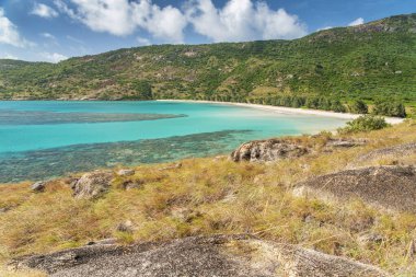 Avustralya 'daki Kertenkele Adası' nda turkuaz suyu olan tropikal Watsons Sahili. Kertenkele Adası Queensland 'ın kuzeydoğusundaki Büyük Set Resifi' nde yer almaktadır.