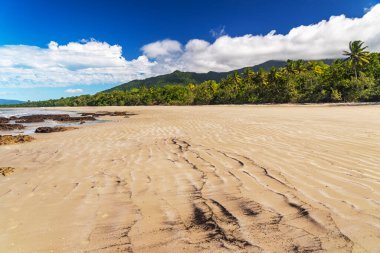 Cape Tribulation, Queensland, Avustralya 'daki pitoresk tropikal kumlu sahil. Cape Belâsı Mercan Denizi 'ndeki Daintree Ulusal Parkı' nda..