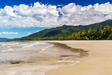 Cape Tribulation, Queensland, Avustralya 'daki pitoresk tropikal kumlu sahil. Cape Belâsı Mercan Denizi 'ndeki Daintree Ulusal Parkı' nda..