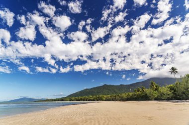 Cape Tribulation, Queensland, Avustralya 'daki pitoresk tropikal kumlu sahil. Cape Belâsı Mercan Denizi 'ndeki Daintree Ulusal Parkı' nda..