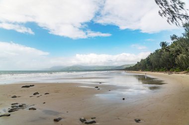 Port Douglas, Queensland, Avustralya 'daki görkemli tropikal altın kum Four Mile Sahili. Tropikal Kuzey Queensland 'in en popüler ve tanınmış plajlarından biridir..