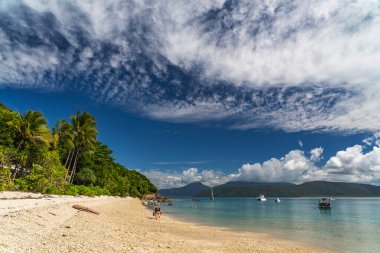 Fitzroy Adası 'nda turkuaz suyu olan tropikal mercan plajı. Cairns, Queensland, Avustralya 'nın güneydoğusunda bir kıta adasıdır..