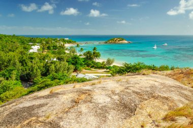 Kertenkele Adası 'nda turkuaz suyu olan tropikal bir Anchor Sahili. Kertenkele Adası, Queensland, Avustralya 'nın kuzeydoğusundaki Büyük Set Resifi' nde yer almaktadır.