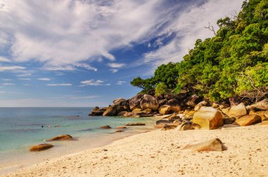 Fitzroy Adası 'nda kaya parçaları ve turkuaz su bulunan tropikal mercan plajı. Cairns, Queensland, Avustralya 'nın güneydoğusunda bir kıta adasıdır..