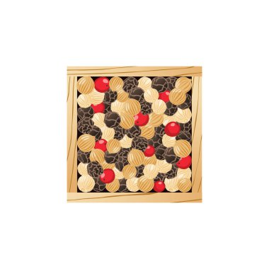 Peppercorns in wooden box isolated on white background.