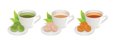 Bir fincan yeşil çay, bir fincan sütlü çay, beyaz arka planda badem kurabiyesi olan bir fincan Tayland sütlü çay..