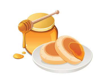 İngiliz çörekleri ve bal kavanozları beyaz arka planda izole edilmiş..