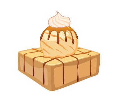 Beyaz arka planda izole edilmiş vanilyalı dondurma ve soslu ballı tost..