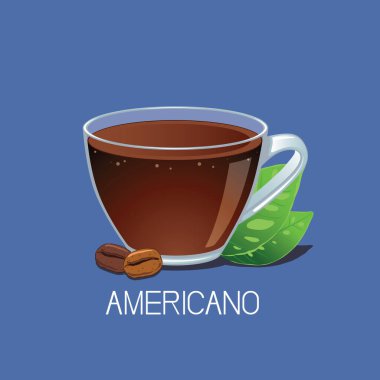 Mavi arka planda kahve çekirdekleri olan bir fincan Americano..