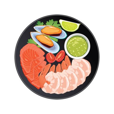 Karides, somon ve siyah tabakta baharat soslu midye. Beyaz arka planda izole edilmiş..