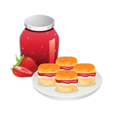 Bardakta çilek reçeli ve beyaz zemin üzerinde çilek reçeli dolu çörekler..