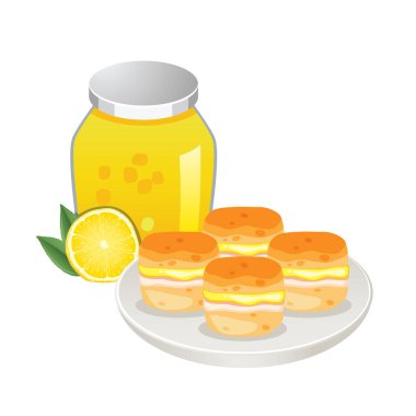 Bardakta limon reçeli ve beyaz arka planda izole edilmiş tabakta reçel dolu çörekler.