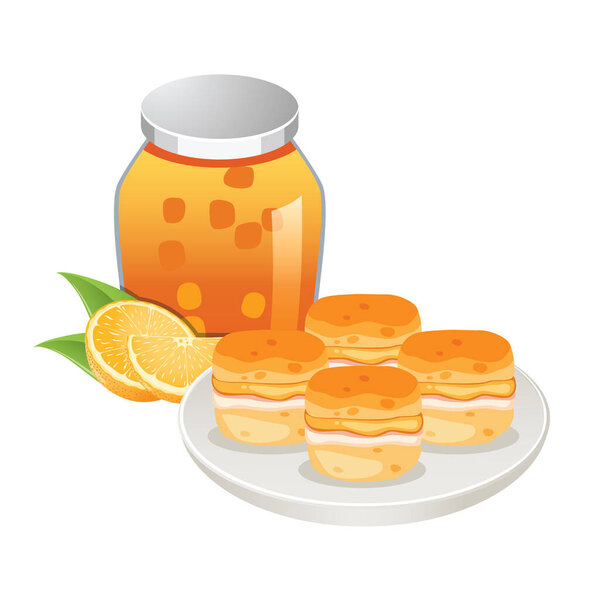 Апельсиновый джем в стакане и булочки с джемом на тарелке изолированы на белом фоне.