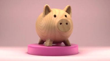 Pembe podyumda ahşap domuz kumbarası. 4K canlandırması