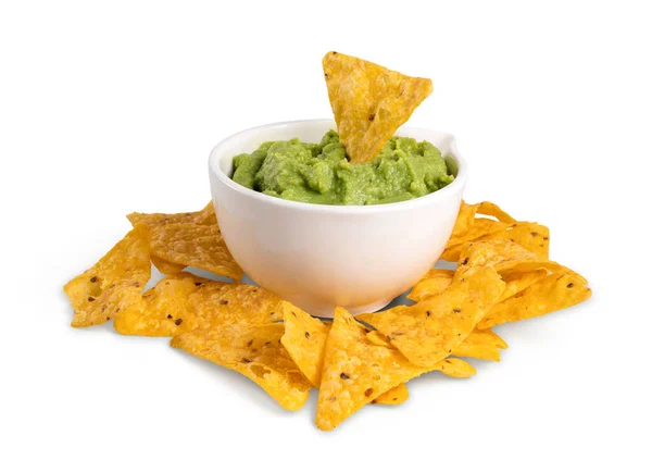 stock image Bowl of guacamole with nachos isolated from the white background