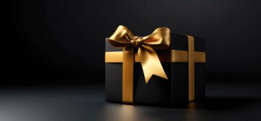 Altın fiyonklu hediye kutusu. Kopya alanı, Kara Cuma konsepti.