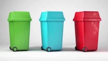 Beyaz arkaplandan izole edilmiş geri dönüşüm işaretli renkli çöp konteynırları