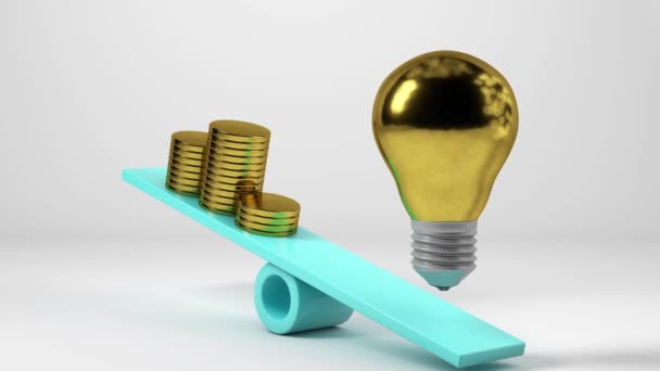 コインの積み重ねと金色の電球 高価な電気のコンセプトのスケール — ストック動画
