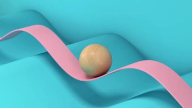 Pembe bir geçitten yuvarlanan ahşap bir top mavi bir arka planda