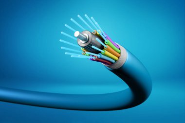 Bakır fiber optik kablo mavi arkaplan