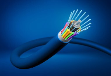 Koyu mavi arkaplanda fiber optik kablo, 3 boyutlu görüntüleme