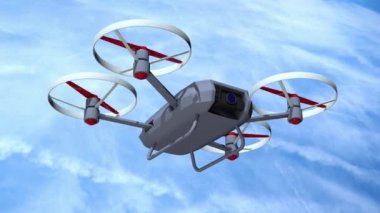 Gökyüzünde kamera olan bir dron, 3 boyutlu animasyon.