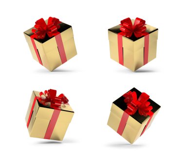 Beyaz arka plan üzerinde izole kırmızı yay ile altın hediye kutuları