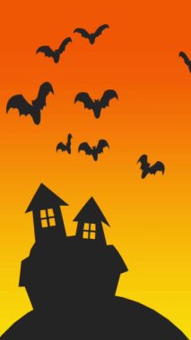 Turuncu arka planda uçan yarasaları olan perili bir kale, Cadılar Bayramı animasyonu