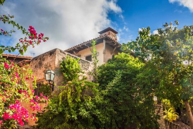 Ormanda kırmızı çatılı bir villa. Tropikal enlemlerde eski Avrupa tarzı bir ev. Vahşi doğada yaşamak. Tropiklerdeki tuğla ev. Dominik Cumhuriyeti