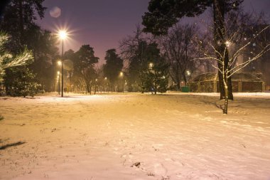 Kar, gece parkındaki yolları kışın fenerlerle kapladı. Geceleri kış mevsiminde parktaki banklar. Geceleri fenerlerle dolu bir parkın aydınlanması. Ağaçlarda kar. Park Kyoto