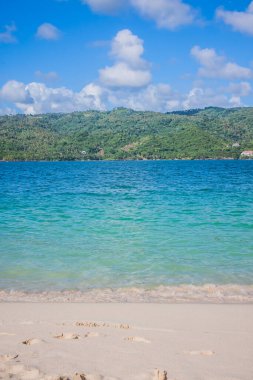 Bir sürü palmiyesi ve beyaz kumu olan Karayip plajı, Dominik Cumhuriyeti. Denizde, palmiye ağaçlarının altında güneşli bir gün. Palmiye ağaçlarının altında güneşlenirler
