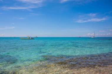 Caribbean beach with a lot of palms and white sand, Dominican Republic. Yachts float in the sea in the background