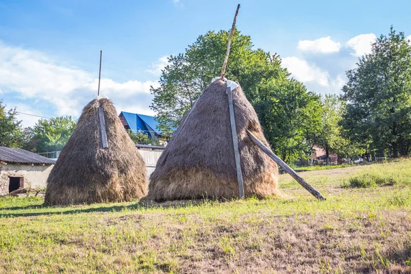 stock image Haystacks in a small village. Mountain from view with small village sunny day.Sunny summer morning in the mountains and a small village. Country road in the mountains. Carpathians. Polyana. Ukraine