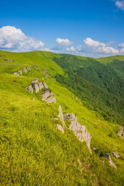 Ukrayna Polonynialı Beskid 'lerden dağlara ve vadilere güzel bir manzara. Yazın Ukrayna Karpatlarının Rocky tepeleri. Karpatlar ve Karpatlar 'da su yapma sırtı