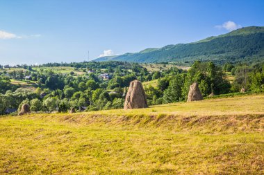 Baharda Karpatlar 'daki Ukrayna köyünde saman ve tarla demetleri. Dağlar ve saman demetleri arasındaki köy. Bukovetsin köyü yakınlarındaki Ukrayna Karpat Dağları.
