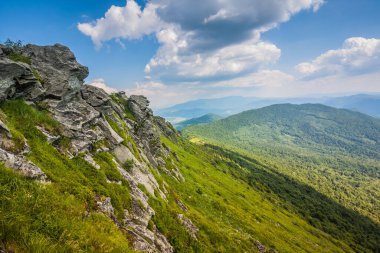 Ukrayna dağlarının güzel manzarası Karpatlar ve vadiler. Yazın ormanları, kayaları ve otları olan güzel yeşil dağlar. Karpatlar ve Karpatlar 'da su yapma sırtı