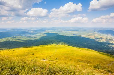 Ukrayna dağlarının güzel manzarası Karpatlar ve vadiler. Yazın ormanları, kayaları ve otları olan güzel yeşil dağlar. Karpatlar ve Karpatlar 'da su yapma sırtı