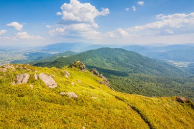 Ukrayna dağlarının güzel manzarası Karpatlar ve vadiler. Yol ve yazları ormanlar ve otlarla kaplı güzel yeşil dağlar. Karpatlar ve Karpatlar 'da su yapma sırtı