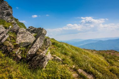 Ukrayna dağlarının güzel manzarası Karpatlar ve vadiler. Yazın ormanları, kayaları ve otları olan güzel yeşil dağlar. Karpatlar ve Karpatlar 'da su yapma sırtı