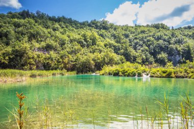 Güzel, berrak mavi Plitvice Gölleri manzarası. Mavi suyu olan göllerin etrafındaki kayalar ve yeşil ağaçlar. Hırvatistan 'daki Plitvice Gölleri Ulusal Parkı nefes kesici bir manzara.