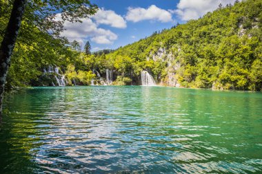 Güzel, berrak mavi Plitvice Gölleri ve pitoresk şelalelerin manzarası. Mavi suyu olan göllerin etrafındaki kayalar ve yeşil ağaçlar. Hırvatistan 'daki Plitvice Gölleri Ulusal Parkı nefes kesici bir manzara.