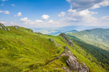 Ukrayna dağlarının güzel manzarası Karpatlar ve vadiler. Yazın ormanları, kayaları ve otları olan güzel yeşil dağlar. Karpatlar ve Karpatlar 'da su yapma sırtı