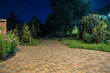 Yazın fenerlerle dolu gece parkındaki sarp yol. Geceleri yaz mevsiminde parktaki banklar. Geceleri fenerlerle aydınlatılmış bir park yolu..