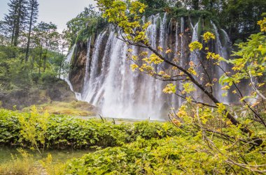 Plitvice Gölleri 'ndeki güzel şelalelerin manzarası. Mavi suyu olan göllerin etrafındaki kayalar ve yeşil ağaçlar. Hırvatistan 'daki Plitvice Gölleri Ulusal Parkı nefes kesici bir manzara.