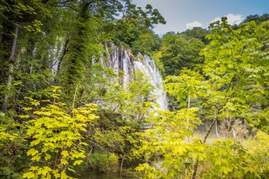 Plitvice Gölleri 'ndeki güzel şelalelerin manzarası. Mavi suyu olan göllerin etrafındaki kayalar ve yeşil ağaçlar. Hırvatistan 'daki Plitvice Gölleri Ulusal Parkı nefes kesici bir manzara.