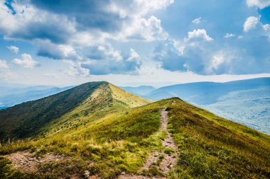 Dağlara ve vadilere giden Ukrayna Karpatlarının güzel manzarası. Yazın sonlarında Karpatlar 'ın kayalık tepeleri ve odunları. Sarı ve yeşil çimenler ve dağın tepesi ve ona giden yol.