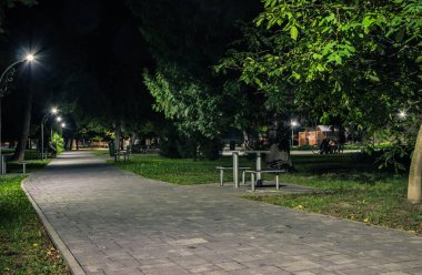 Sonbaharın başlarında fenerlerle dolu gece parkındaki fayanslı yol. Sonbahar sezonu boyunca parktaki banklar. Gece parkındaki ağaçlarda yeşil çimenler ve yapraklar