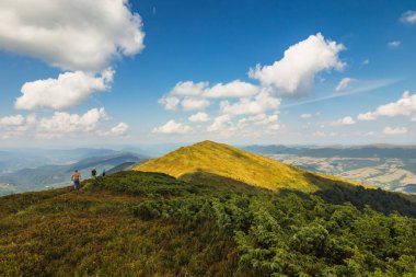 Dağlara ve vadilere giden Ukrayna Karpatlarının güzel manzarası. Yazın sonlarında Karpatlar 'ın kayalık tepeleri ve odunları. Sarı ve yeşil çimenler ve dağın tepesi ve ona giden yol.