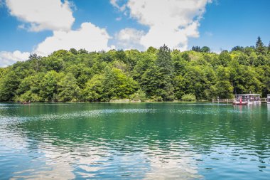 Güzel, berrak mavi Plitvice Gölleri ve pitoresk şelalelerin manzarası. Mavi suyu olan göllerin etrafındaki kayalar ve yeşil ağaçlar. Hırvatistan 'daki Plitvice Gölleri Ulusal Parkı nefes kesici bir manzara.